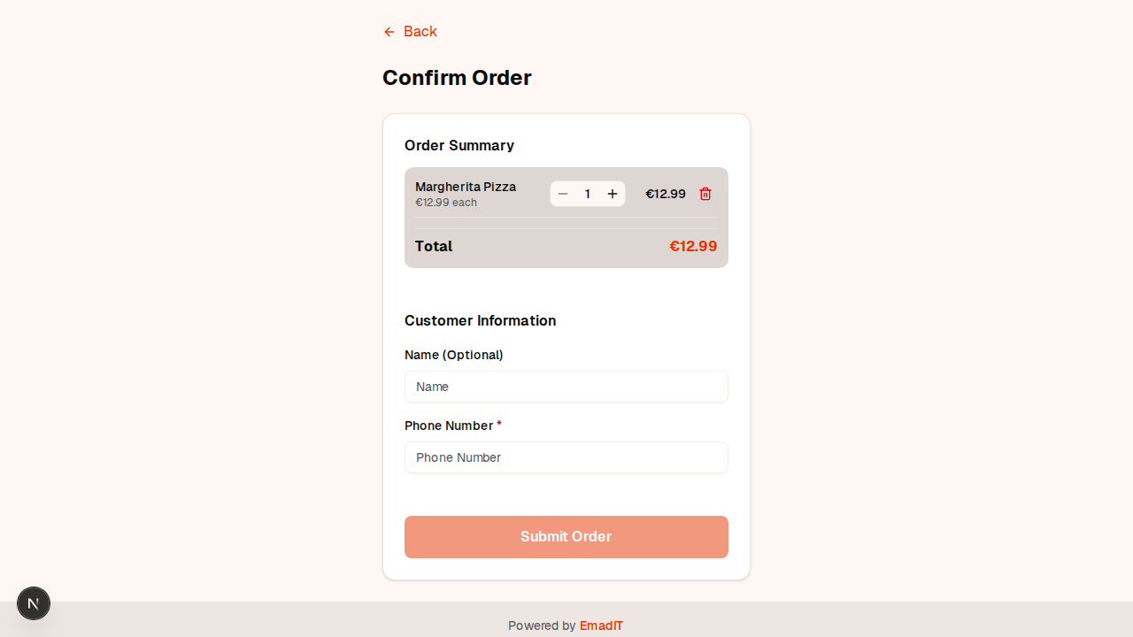Customer menu and tracking